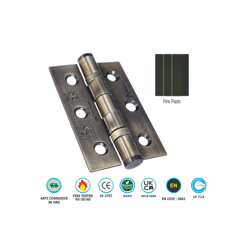 Mild Steel 2 Ball Bearing Hinge - CE7 1 1/2 Pair C/W Intumescent 76 X 51mm Pads With Bright Zinc and Polished Chrome Finish